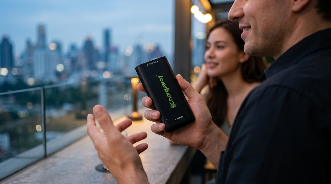 Gast hält eine Chargaway-Powerbank auf einer Rooftop-Bar bei Abenddämmerung