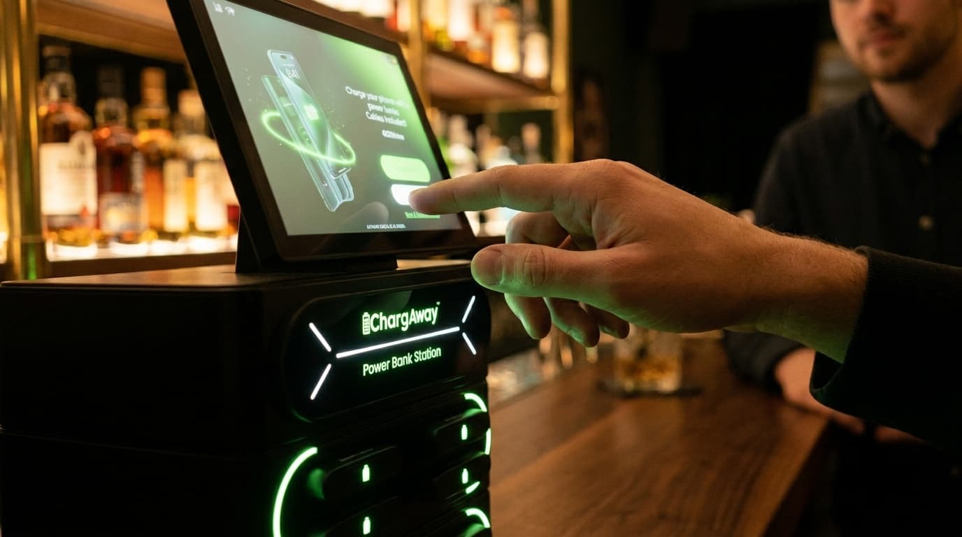 Gast startet die Chargaway-Station per Fingertipp am Touchscreen in einer Bar