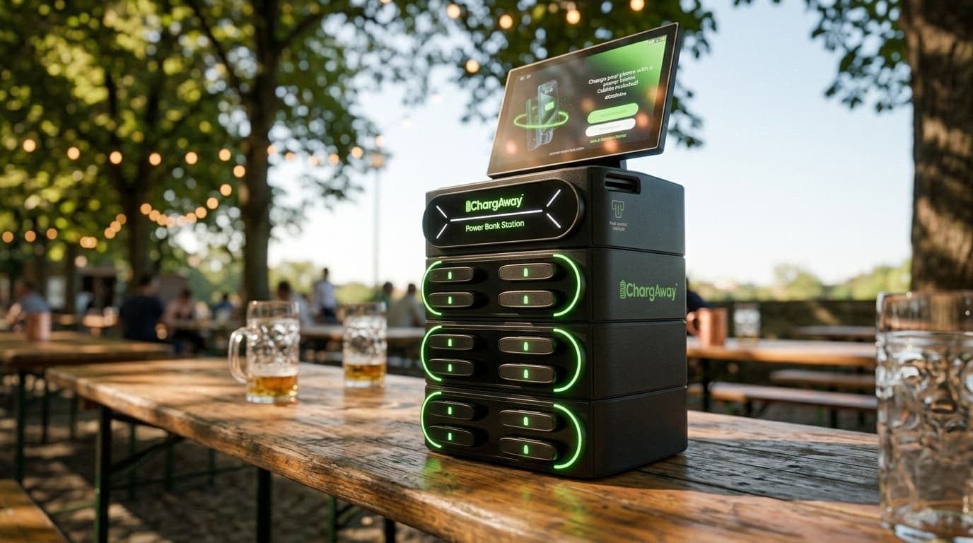 Chargaway-Station auf einem Holztisch in einem Biergarten bei Tageslicht