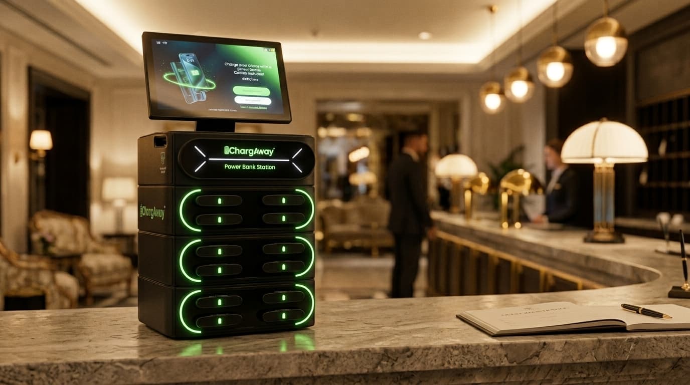 Chargaway-Station auf dem Marmortresen einer eleganten Hotellobby