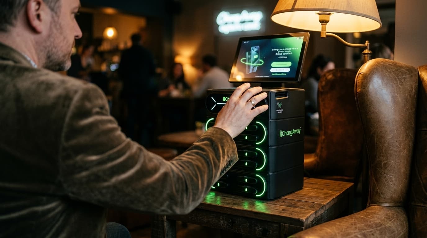 Ein Gast entnimmt eine Powerbank aus der Chargaway-Station in einer gemütlichen Lounge