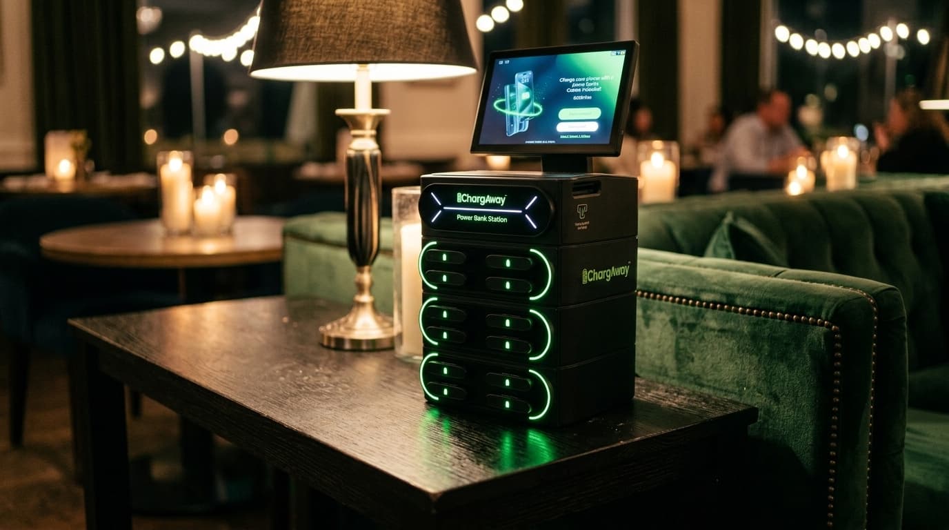 Chargaway-Station auf einem Tisch in einer Cocktail-Lounge mit grünem Samtsofa und Kerzenlicht