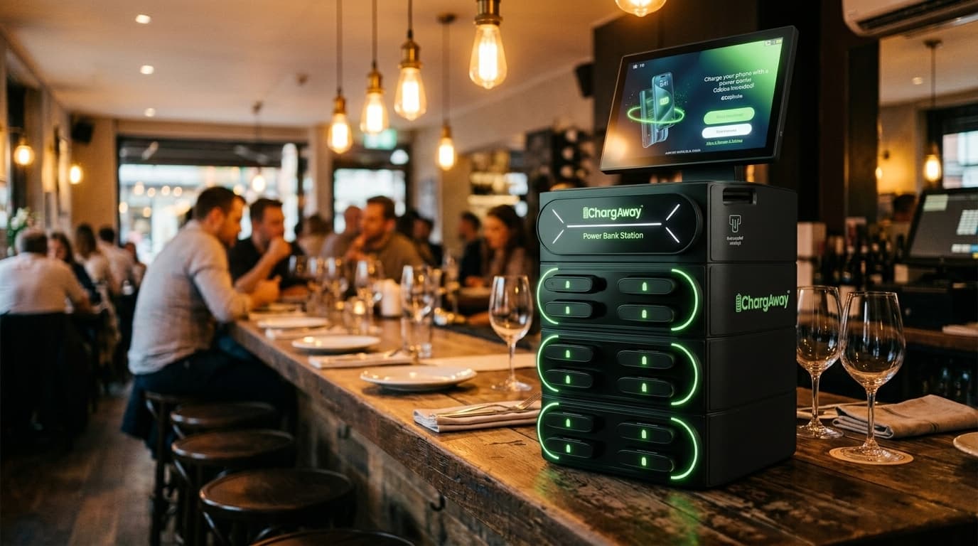Chargaway-Station an der Bar eines Restaurants mit Gästen und Weingläsern im Hintergrund