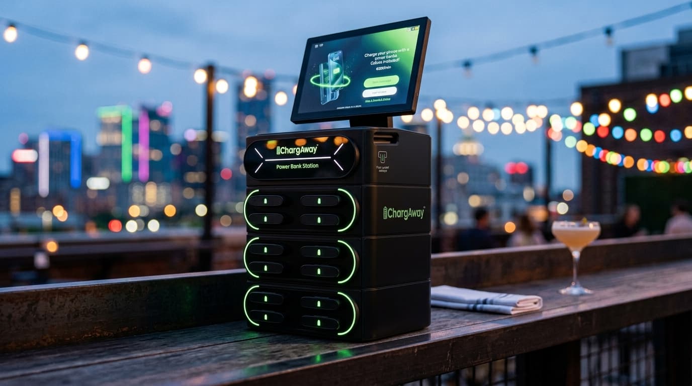 Chargaway-Station auf einer Rooftop-Bar in der Abenddämmerung mit Skyline im Hintergrund