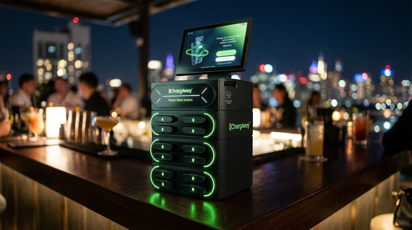 Chargaway-Station auf einer Rooftop-Bar bei Nacht mit beleuchteter Skyline im Hintergrund